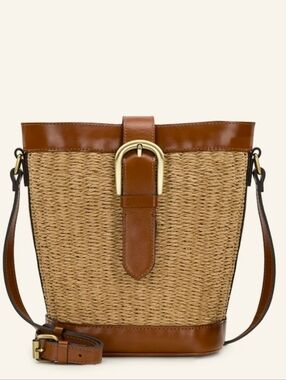 Patricia Nash Beautiful Tan & Natural Woven Straw Crossbody Bucket Bag NWT